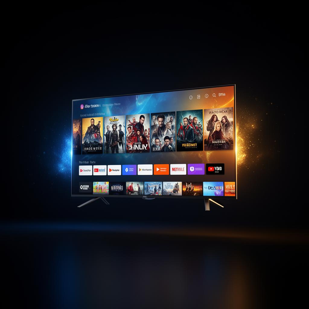Smart TV exibindo interface IPTV com canais ao vivo, filmes e séries em alta qualidade