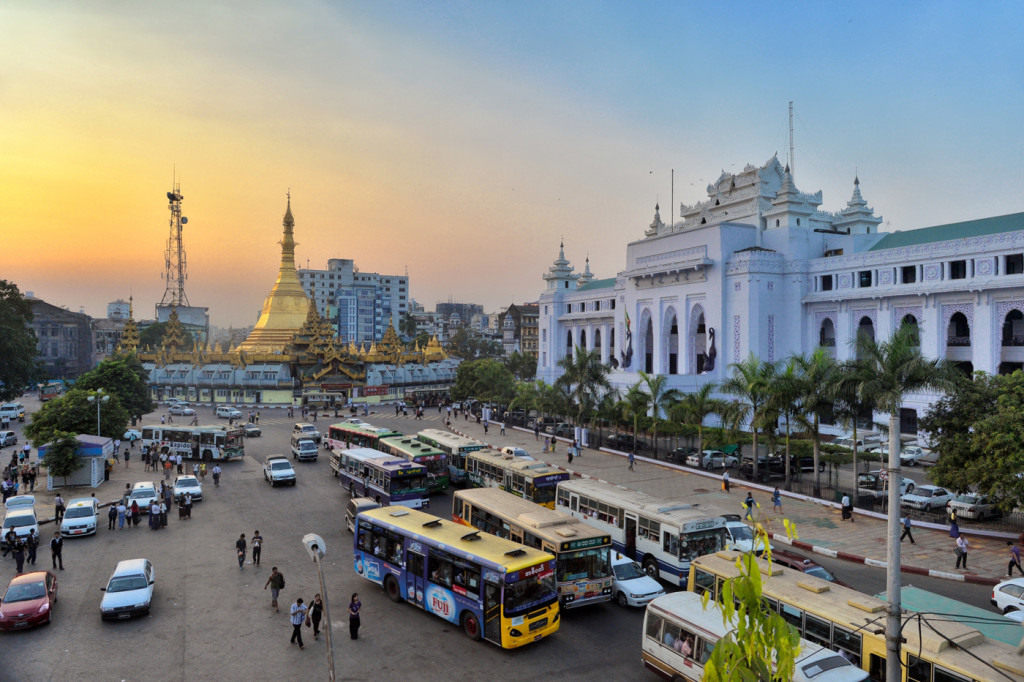 The streets of downtown Yangon overlooking City Hall and Sule Pagoda